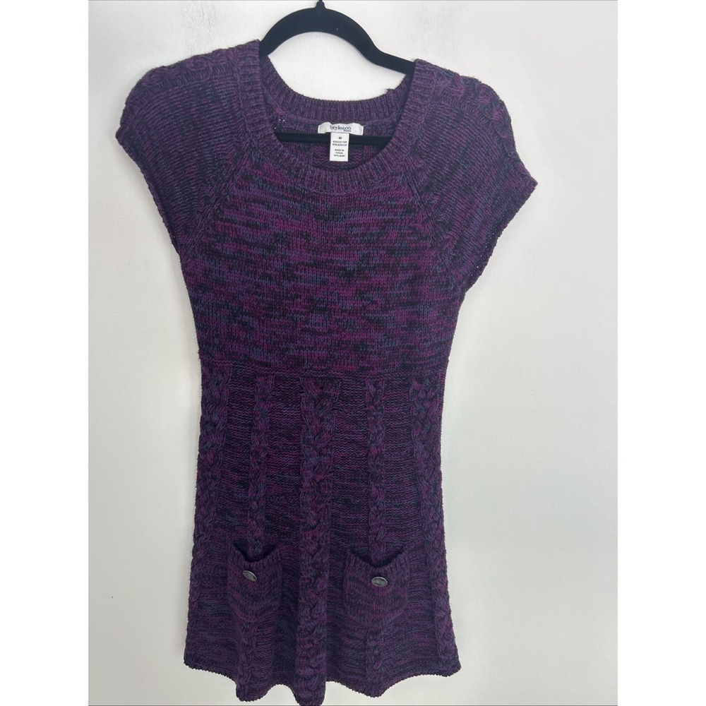 Style & Co‎ womens M Cable-Knit Short Sleeve Pockets Black Purple Sweat Dress